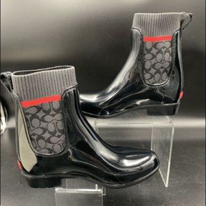 Coach Black Patent Chelsea Rain Ankle Boots with Signature Knit
